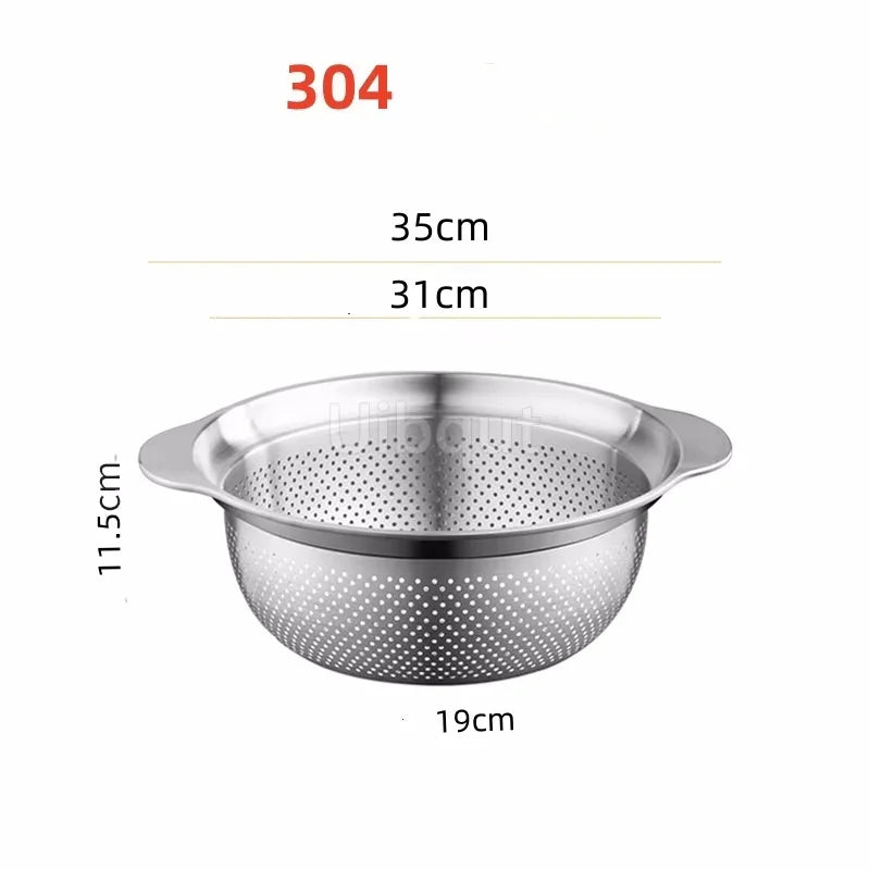 304 Stainless Steel Vegetable Washing Basin & Strainer – Multi-Purpose Rice Washer, Fruit Filter, Kitchen Drain Basket