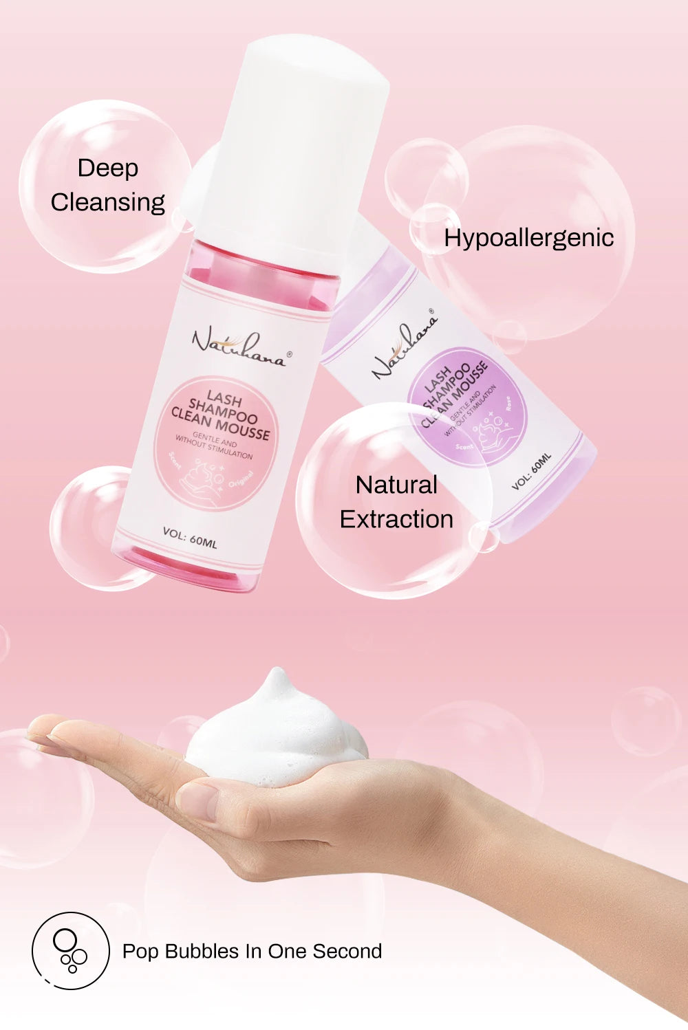 Natuhana 60ml Eyelash Extension Shampoo Mousse – Lash Cleaning Foam for False Eyelashes, Gentle & Non-Irritating Makeup Tool